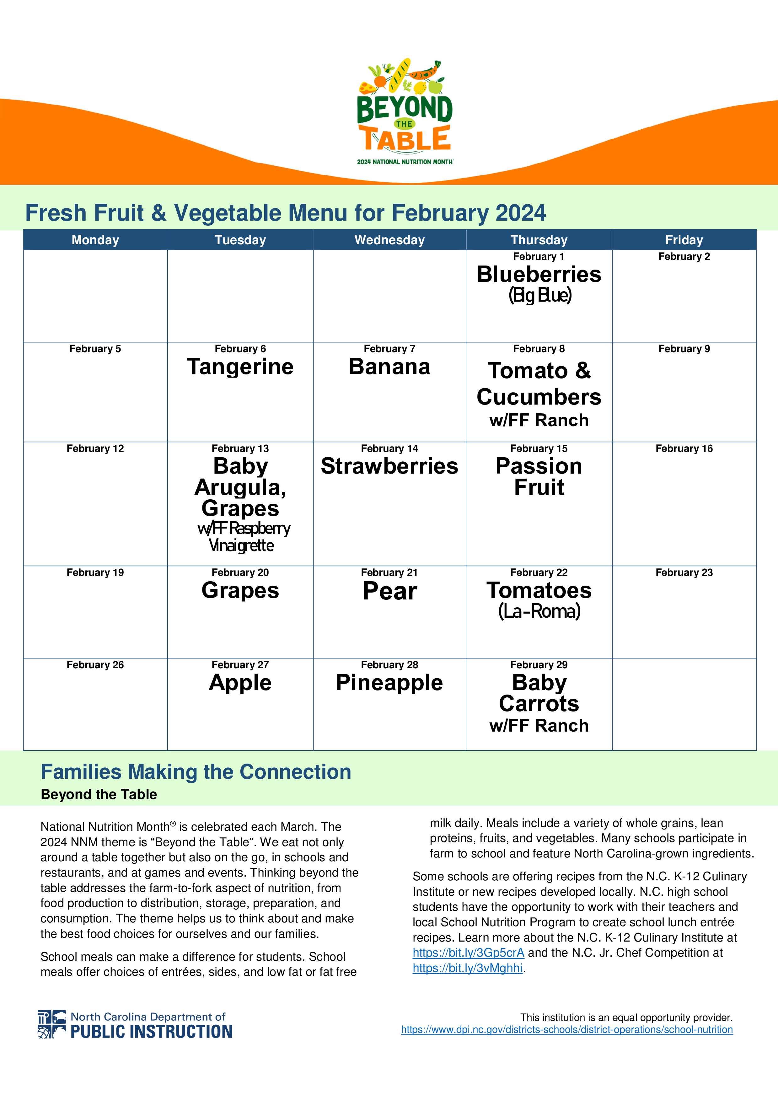 February 2024 Fresh Fruit & Vegetable Menu