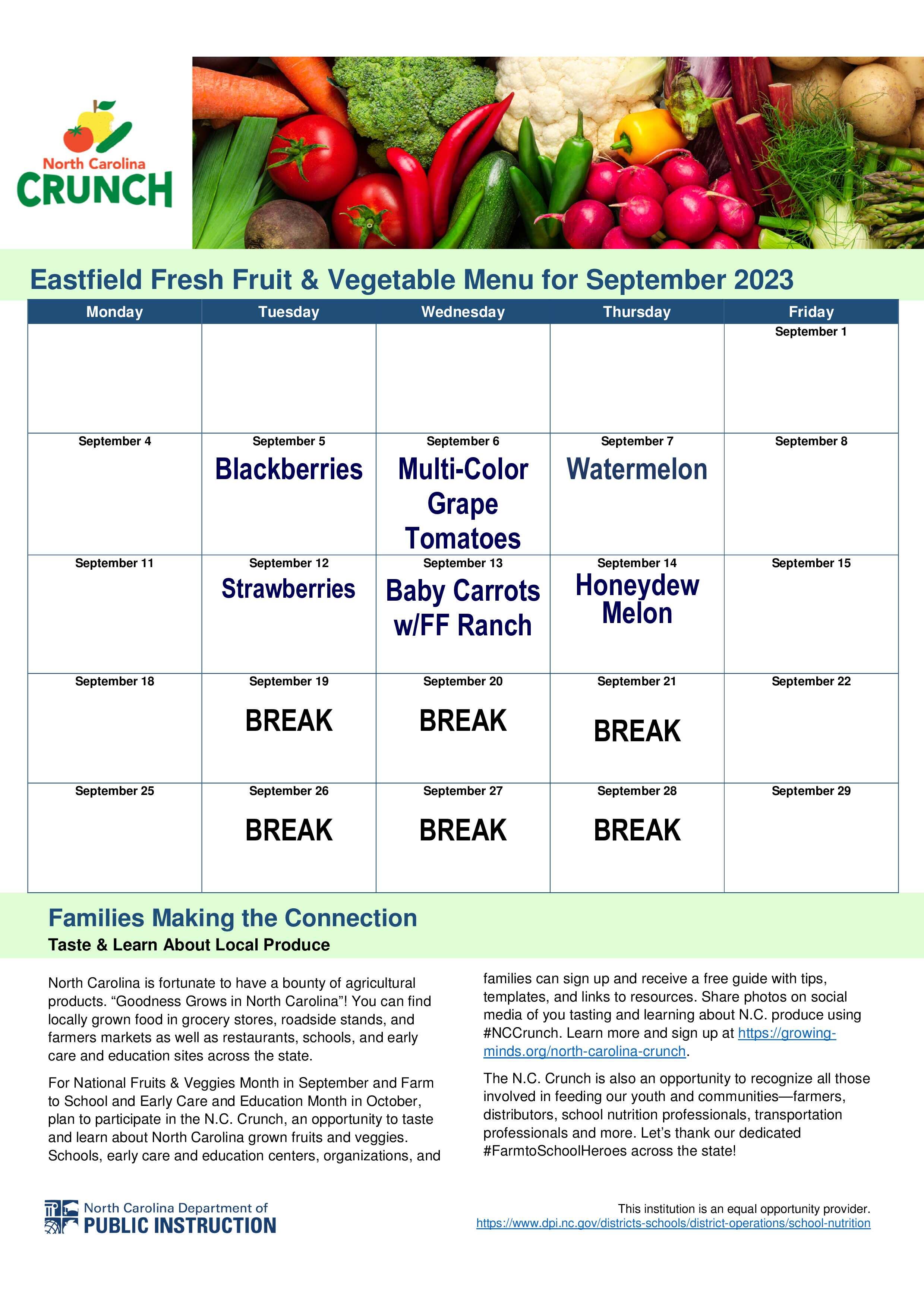 Eastfield Fresh Fruit & Vegetable Menu 2023 September