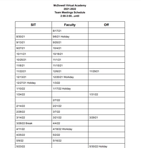 SIT (School Improvement Team) and Faculty Meetings schedule